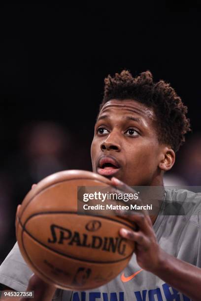 Frank Ntilikina of the New York Knicks warms up before the game against the Miami Heat at Madison Square Garden on April 6, 2018 in New York City....
