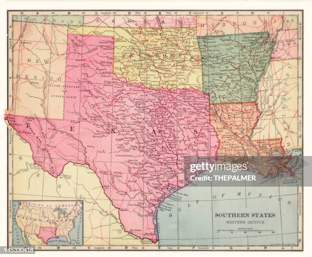 illustrazioni stock, clip art, cartoni animati e icone di tendenza di mappa degli stati del sud 1892 - mississippi state v arkansas
