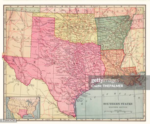 southern states map 1892 - mississippi v arkansas stock illustrations