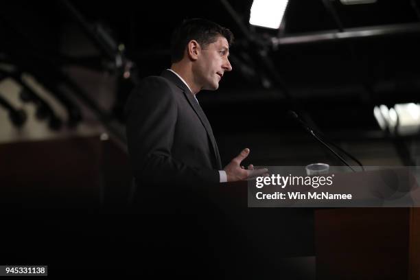 Speaker of the House Paul Ryan answers questions during his weekly press conference April 12, 2018 in Washington, DC. Ryan answered a range of...