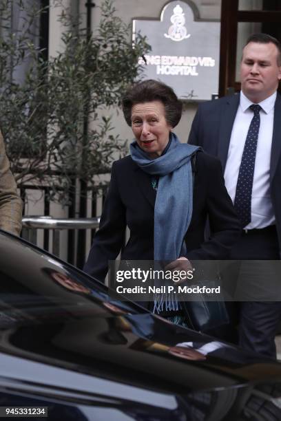 Princess Anne, Princess Royal seen visiting Prince Philip, Duke of Edinburgh at King Edward VII Hospital on April 12, 2018 in London, England.