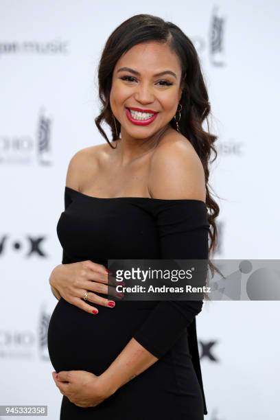 Alexandra Maurer shows her baby belly as she arrives for the Echo Award at Messe Berlin on April 12, 2018 in Berlin, Germany.