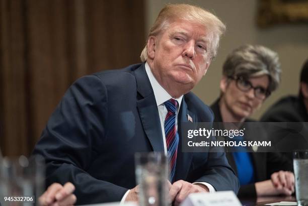 President Donald Trump speaks during a meeting with governors and members of Congress on agriculture at the White House in Washington, DC, on April...