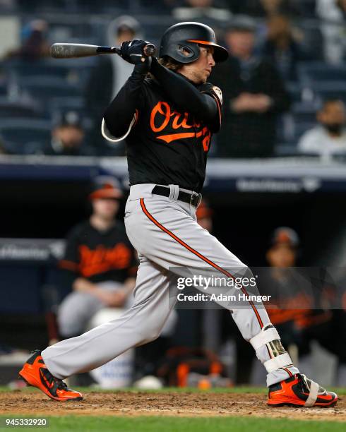 Colby Rasmus of the Baltimore Orioles at bat against the New York Yankees during the 12th inning at Yankee Stadium on April 6, 2018 in the Bronx...