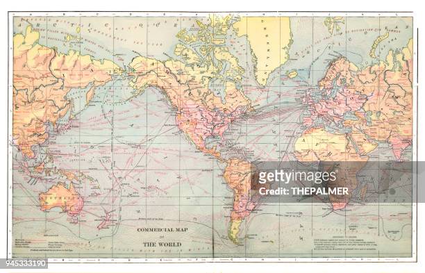 stockillustraties, clipart, cartoons en iconen met commerciële kaart van de wereld 1892 - mapa mundi