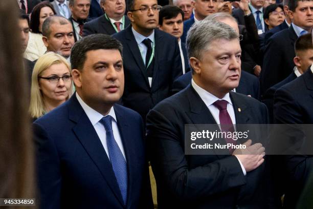 Prime Minister of Ukraine Volodymyr Groysman and President of Ukraine Petro Poroshenko during 11th Kyiv Security Forum, Kyiv, Ukraine