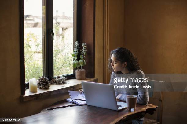 young woman of mixed-ethnicity works from home using laptop computer and reference book - remote location stock pictures, royalty-free photos & images