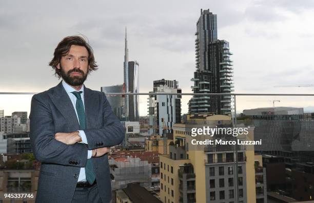 Andrea Pirlo poses during a press conference to announce Andrea Pirlo farewell match on April 12, 2018 in Milan, Italy.