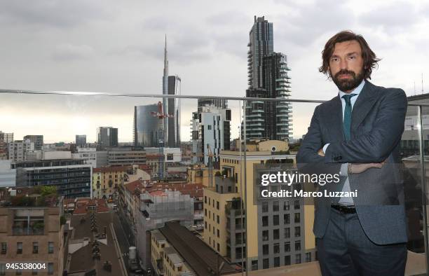 Andrea Pirlo poses during a press conference to announce Andrea Pirlo farewell match on April 12, 2018 in Milan, Italy.