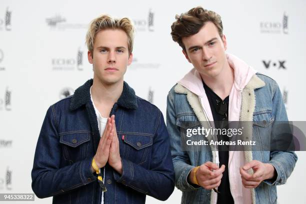 Dorian Lauduique and Cesar Laurent de Rummel of the band Ofenbach arrive for the Echo Award at Messe Berlin on April 12, 2018 in Berlin, Germany.