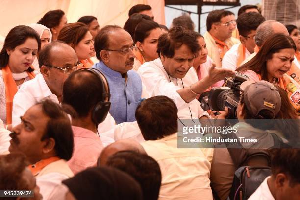 Ministers Meenakshi Lekhi, Suresh Prabhu, Vijay Goel and others during a day-long hunger strike to protest against the disruption of Parliament by...