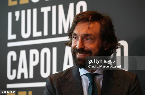 Andrea Pirlo speaks to the media during a press conference to announce Andrea Pirlo farewell match on April 12, 2018 in Milan, Italy.