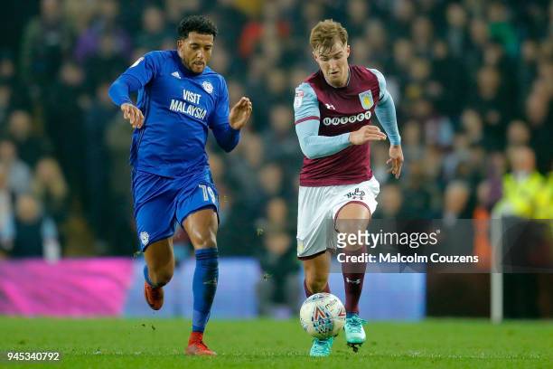 Nathaniel Mendez-Laing of Cardiff City competes with James Bree of Aston Villa during the Sky Bet Championship match between Aston Villa and Cardiff...