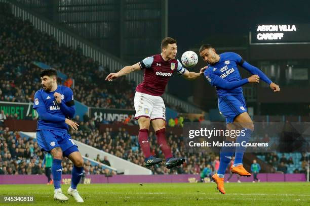 James Chester of Aston Villa competes with Kenneth Zohore of Cardiff City during the Sky Bet Championship match between Aston Villa and Cardiff City...