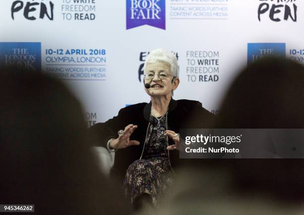 British children books author dame Jaqueline Wilson is giving a talk at the 2018 London Book Fair in Olympia Exhibition Centre in London, UK, on 12...