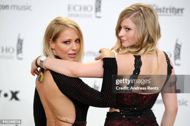 Singer Tanja Hewer aka 'Michelle' and her daughter Marie-Louise Reim arrive for the Echo Award at Messe Berlin on April 12, 2018 in Berlin, Germany.