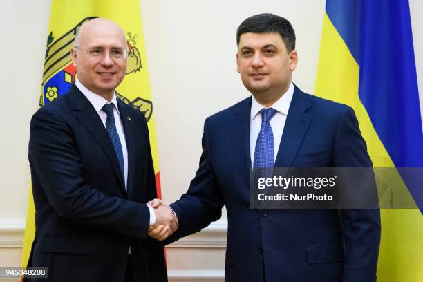 Prime Minister of Ukraine Volodymyr Groysman and Prime Minister of Moldova Pavel Filip during meeting in Kyiv, Ukraine. April 12, 2018