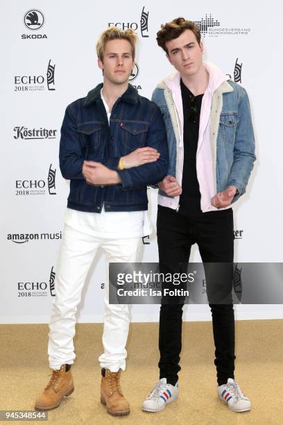 Dorian Lauduique and Cesar Laurent de Rummel of the band Ofenbach arrive for the Echo Award at Messe Berlin on April 12, 2018 in Berlin, Germany.