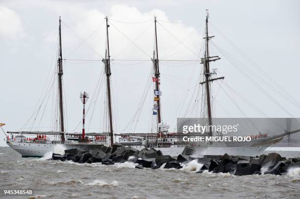 Spanish school ship "Juan Sebastian Elcano" approaches Montevideo's port, during the regatta "Velas Uruguay 2018" in the framework of the...