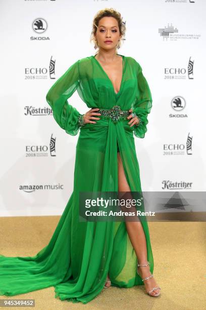 Rita Ora arrives for the Echo Award at Messe Berlin on April 12, 2018 in Berlin, Germany.