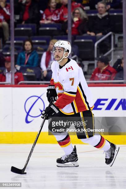 Brodie of the Calgary Flames skates with the puck in the first period against the Washington Capitals at Capital One Arena on November 20, 2017 in...