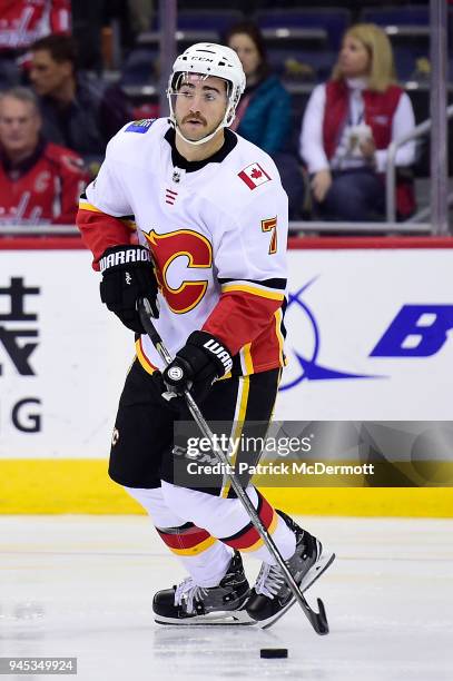 Brodie of the Calgary Flames skates with the puck in the first period against the Washington Capitals at Capital One Arena on November 20, 2017 in...