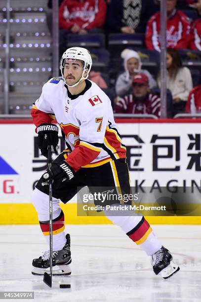 Brodie of the Calgary Flames skates with the puck in the first period against the Washington Capitals at Capital One Arena on November 20, 2017 in...