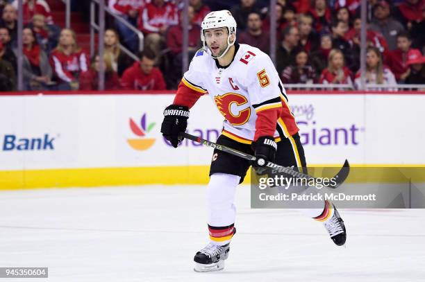 Mark Giordano of the Calgary Flames skates in the first period against the Washington Capitals at Capital One Arena on November 20, 2017 in...