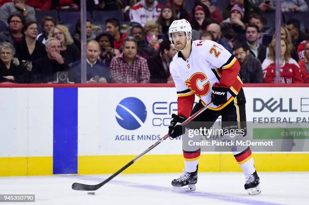 Dougie Hamilton of the Calgary Flames skates with the puck in the first period against the Washington Capitals at Capital One Arena on November 20,...