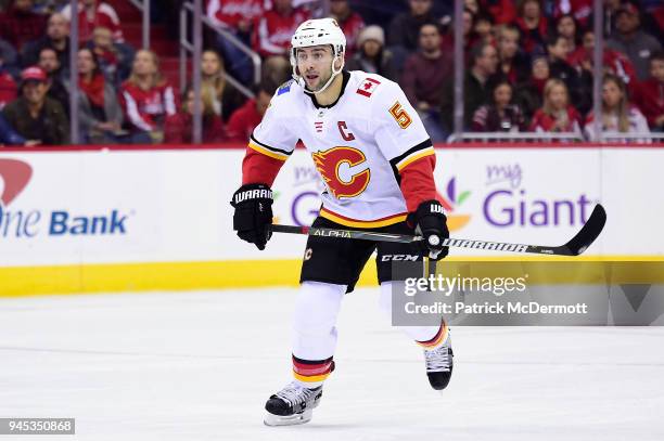 Mark Giordano of the Calgary Flames skates in the first period against the Washington Capitals at Capital One Arena on November 20, 2017 in...