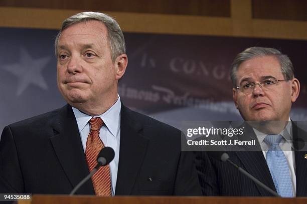 Senate Assistant Majority Leader Richard J. Durbin, D-Ill., and Sen. Robert Menendez, D-N.J., during a news conference on a procedural move by...