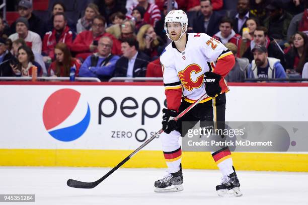 Dougie Hamilton of the Calgary Flames skates with the puck in the first period against the Washington Capitals at Capital One Arena on November 20,...