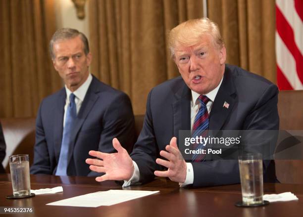 President Donald Trump participates in a meeting on trade with governors and members of Congress at the White House on April 12, 2018 in Washington,...