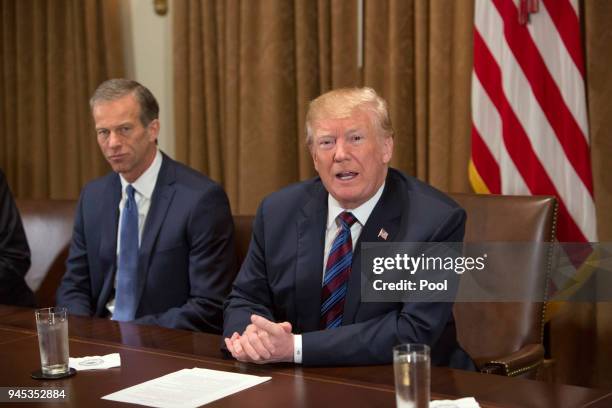 President Donald Trump participates in a meeting on trade with governors and members of Congress at the White House on April 12, 2018 in Washington,...