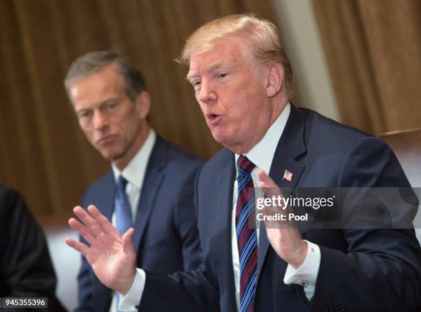 President Donald Trump participates in a meeting on trade with governors and members of Congress at the White House on April 12, 2018 in Washington,...