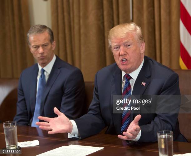 President Donald Trump participates in a meeting on trade with governors and members of Congress at the White House on April 12, 2018 in Washington,...