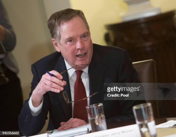 Trade Representative Robert Lighthizer speaks during a meeting on trade held by U.S. President Donald Trump with governors and members of Congress at...