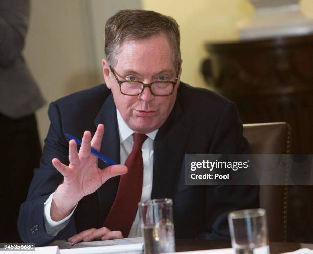 Trade Representative Robert Lighthizer speaks during a meeting on trade held by U.S. President Donald Trump with governors and members of Congress at...