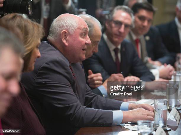 Secretary of Agriculture Sonny Perdue speaks during a meeting on trade held by U.S. President Donald Trump with governors and members of Congress at...
