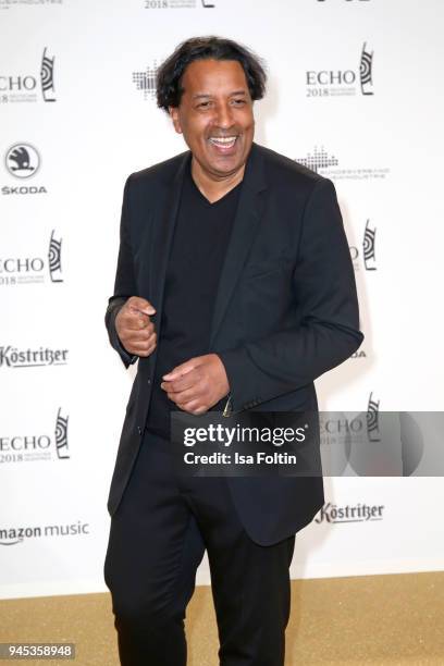 Cherno Jobatey arrives for the Echo Award at Messe Berlin on April 12, 2018 in Berlin, Germany.