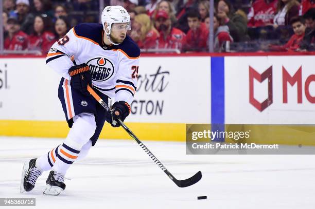 Leon Draisaitl of the Edmonton Oilers skates with the puck in the second period against the Washington Capitals at Capital One Arena on November 12,...