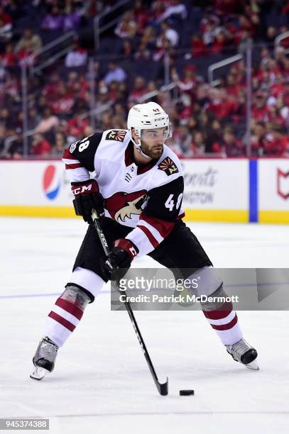 Jordan Martinook of the Arizona Coyotes skates with the puck in the second period against the Washington Capitals at Capital One Arena on November 6,...