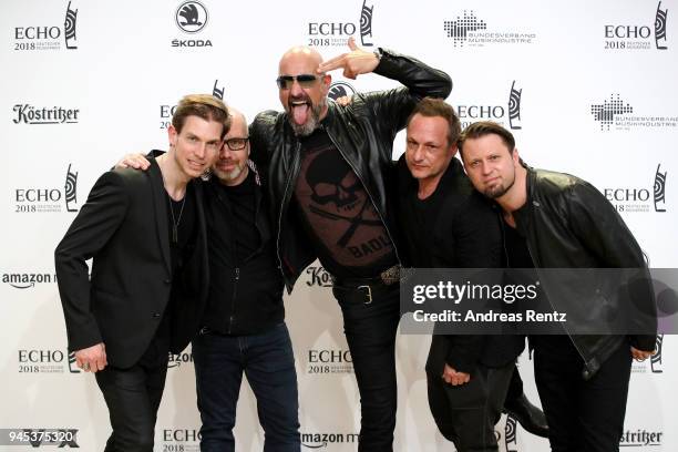 Rupert Keplinger, Achim Faerber, Alexander Wesselsky, Jochen Seibert and Juergen Plangger of the band 'Eisbrecher' arrive for the Echo Award at Messe...