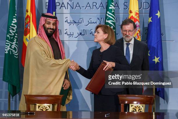 Saudi Arabia Crown Prince Mohammed bin Salman and Spanish Defence Minister Maria Dolores de Cospedal exchange signed documents as Spanish President...