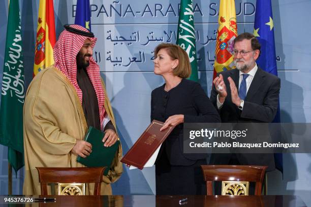 Saudi Arabia Crown Prince Mohammed bin Salman and Spanish Defence Minister Maria Dolores de Cospedal exchange signed documents as Spanish President...