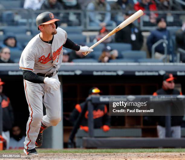 Caleb Joseph of the Baltimore Orioles bats in an MLB baseball game against the New York Yankees on April 8, 2018 at Yankee Stadium in the Bronx...