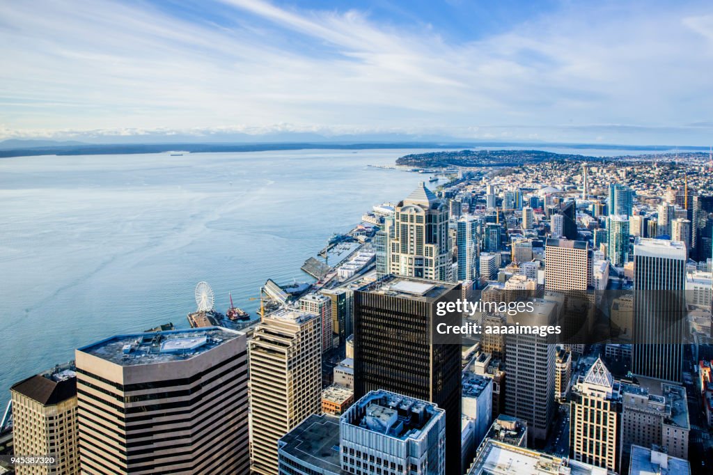 Aerial View of Seattle coastal skyline,Washington State,USA