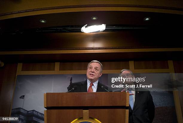 Senate Assistant Majority Leader Richard J. Durbin, D-Ill., and Sen. Robert Menendez, D-N.J., during a news conference on a procedural move by...