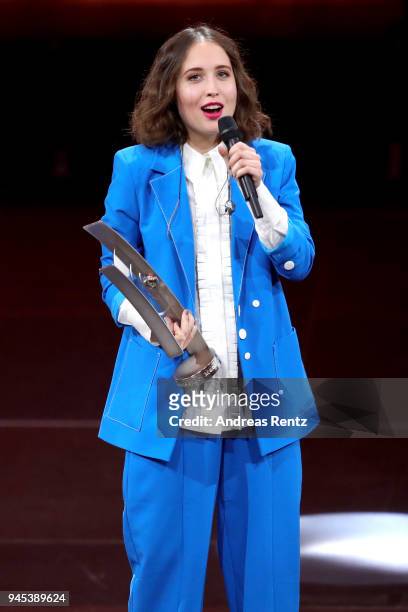 Best Female Artist - Pop National' Award winner Alice Merton is celebrating on stage during the Echo Award show at Messe Berlin on April 12, 2018 in...