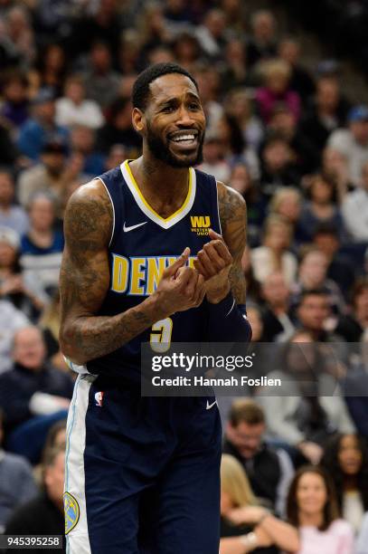 Will Barton of the Denver Nuggets reacts to a call during the second quarter of the game against the Minnesota Timberwolves on April 11, 2018 at the...